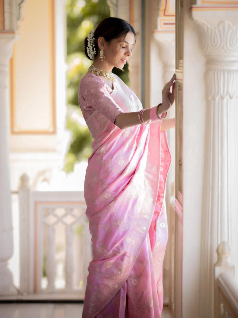 Hema Onion Pink Banarasi Silk Saree WIth Fabulouse Blouse Piece