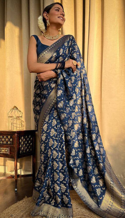 Blue Colour Pure Soft Silk Saree With Twirling Blouse Piece