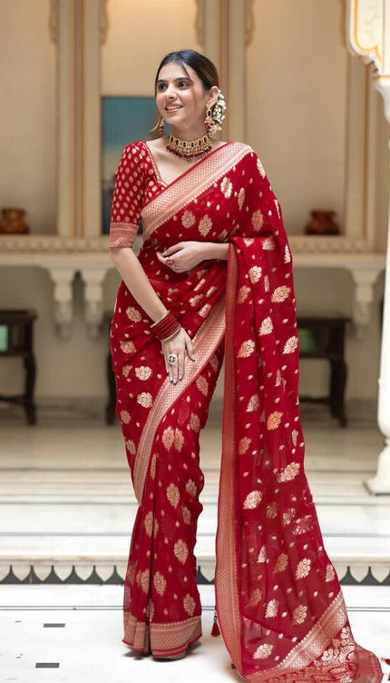 Scarlet Red Banarasi Soft Silk Saree