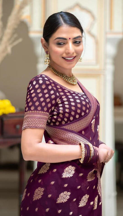 Wine Jacquard Work Banarasi Silk Saree