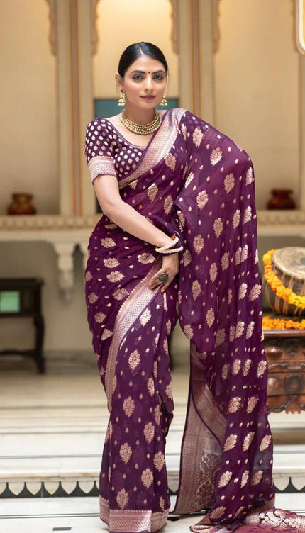 Wine Jacquard Work Banarasi Silk Saree