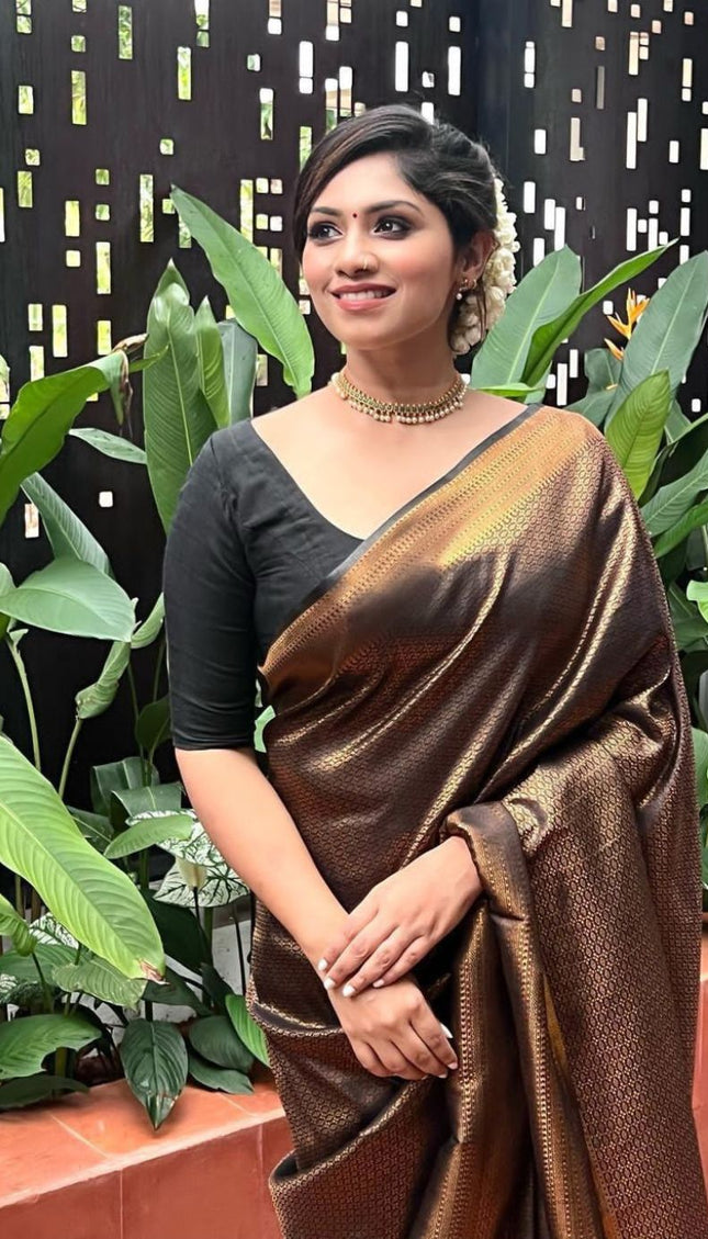 Black Golden Butti Soft Banarasi Silk Saree With Attached Blouse