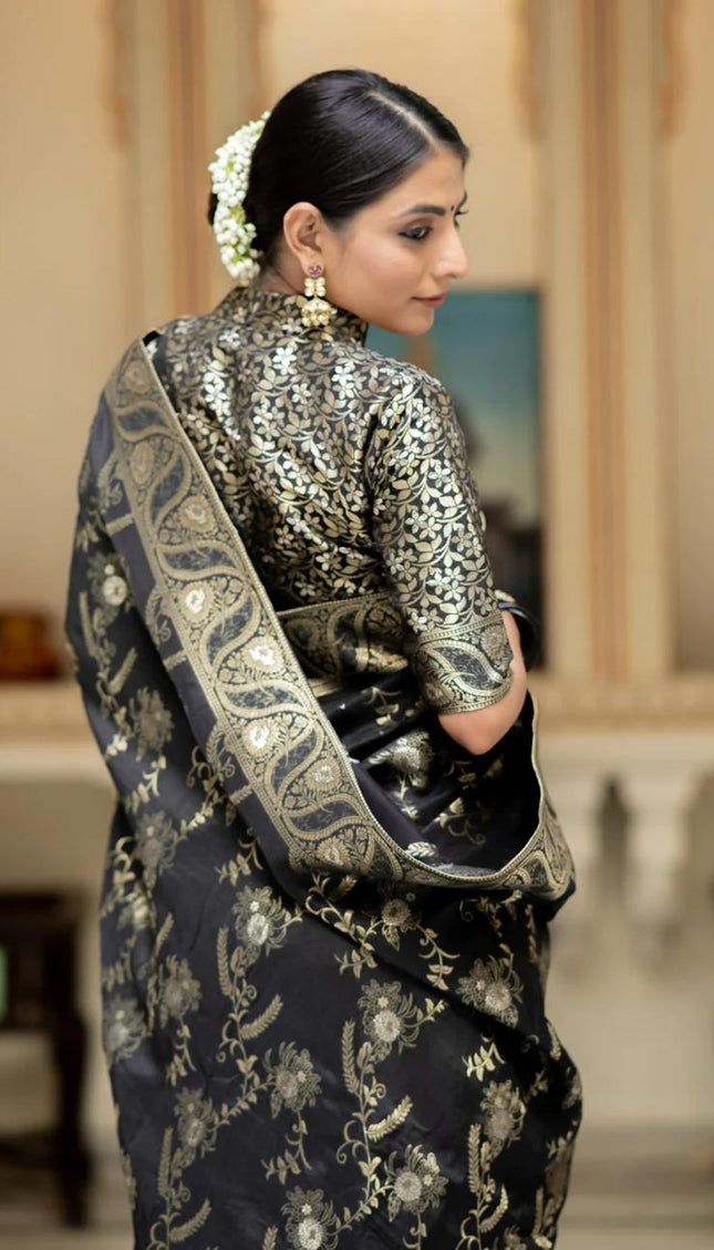 Hema Black Banarasi Silk Saree WIth Fabulouse Blouse Piece