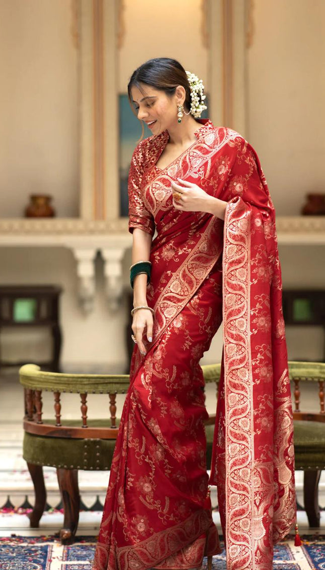 Hema Red Banarasi Silk Saree WIth Fabulouse Blouse Piece