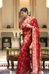 Hema Red Banarasi Silk Saree WIth Fabulouse Blouse Piece