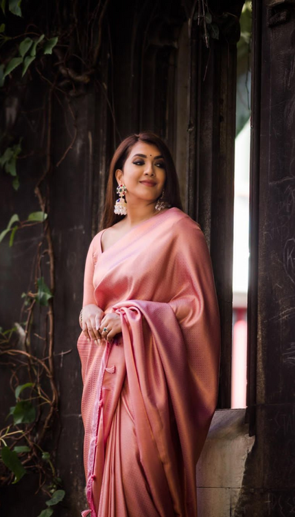 Bindu Peach Litchi Silk Saree With Attached Blouse