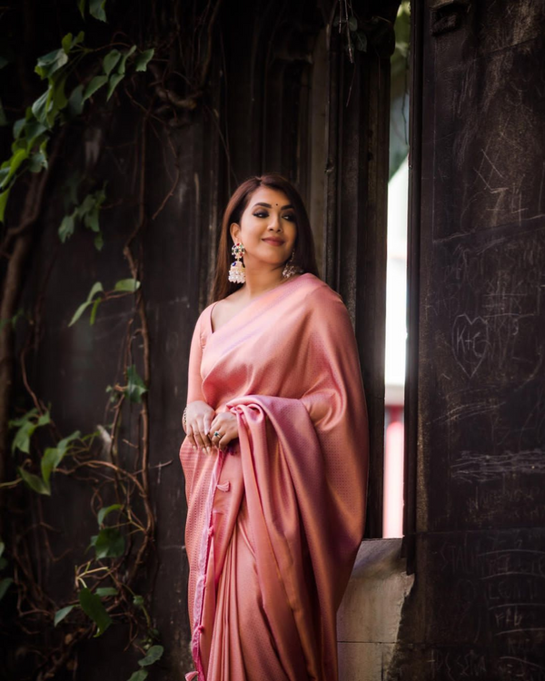 Bindu Peach Litchi Silk Saree With Attached Blouse