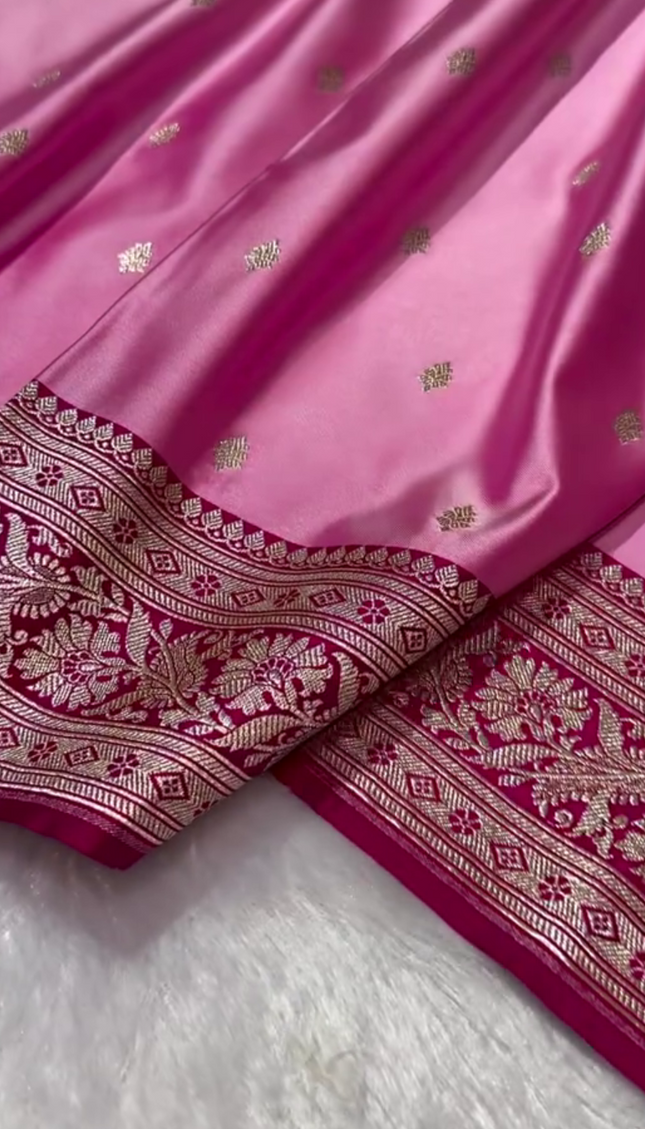 Tanirika - Pink Mashru Silk Saree with Golden Zari Butta & Royal Woven Pallu