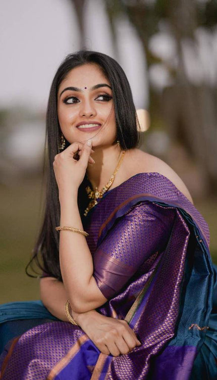 Blue Soft Lichi Silk Jacquard Work Saree