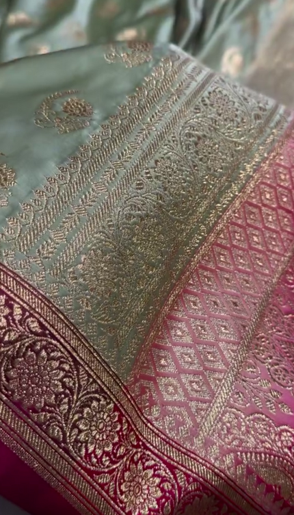 Charulata - Green Katan Silk Saree with Zari Boota and Pink Border