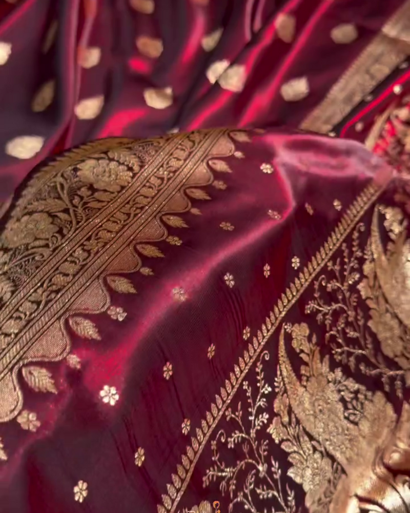 Kaushalya - Maroon Banarasi Satin Saree with Golden Zari Floral Weaving