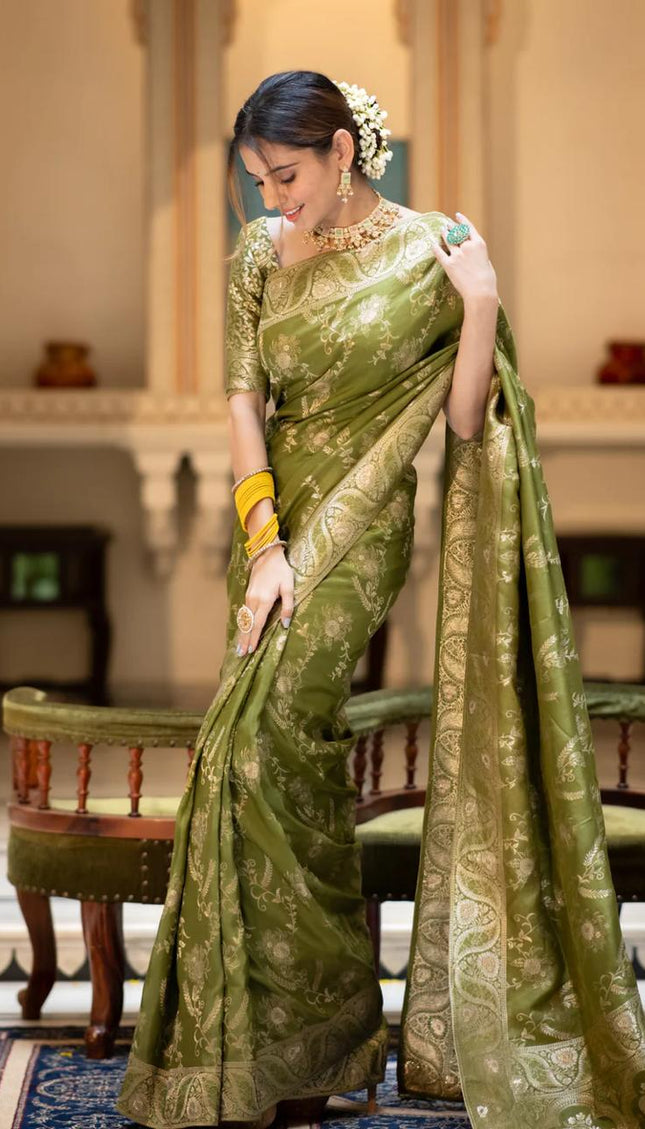 Hema Mahendi Banarasi Silk Saree WIth Fabulouse Blouse Piece