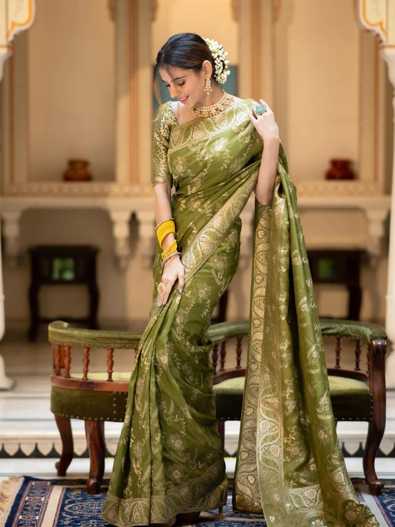 Hema Mahendi Banarasi Silk Saree WIth Fabulouse Blouse Piece