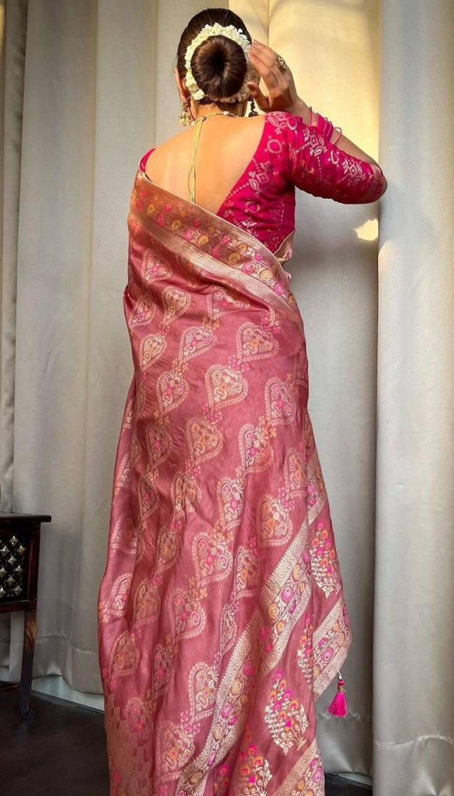 Tisha Pestal Pink Soft Banarasi Saree With Attached Blouse