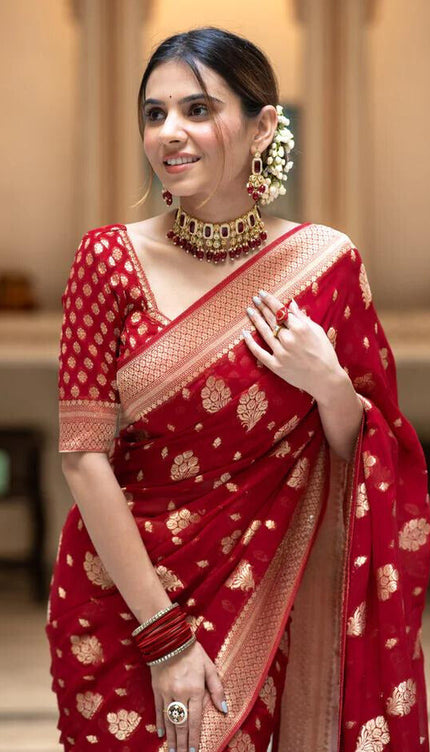Scarlet Red Banarasi Soft Silk Saree