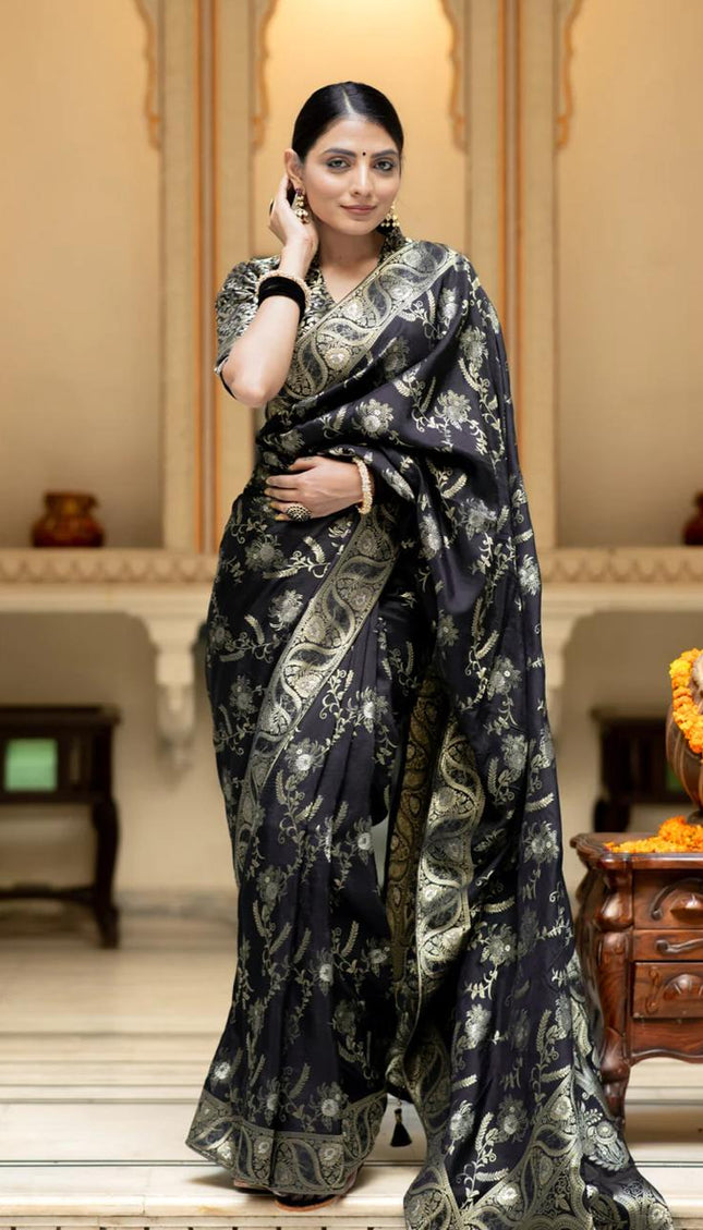 Hema Black Banarasi Silk Saree WIth Fabulouse Blouse Piece