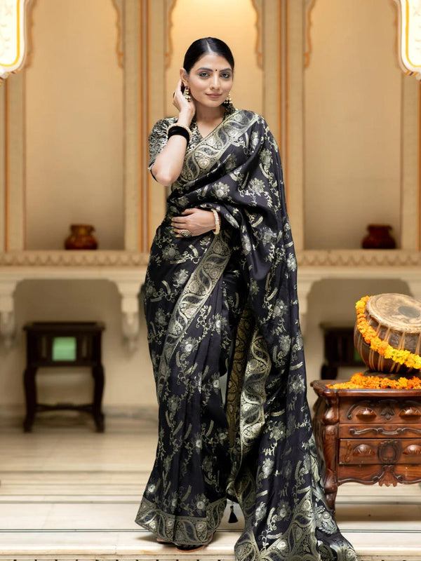 Hema Black Banarasi Silk Saree WIth Fabulouse Blouse Piece