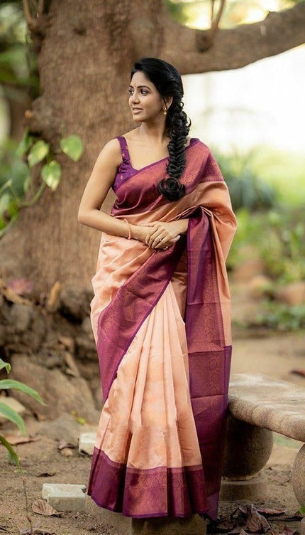 Outstanding Peach Soft Silk Saree