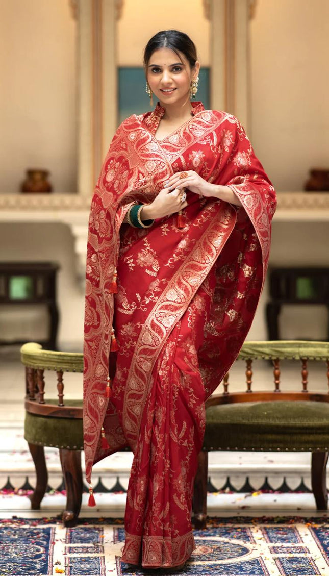 Hema Red Banarasi Silk Saree WIth Fabulouse Blouse Piece