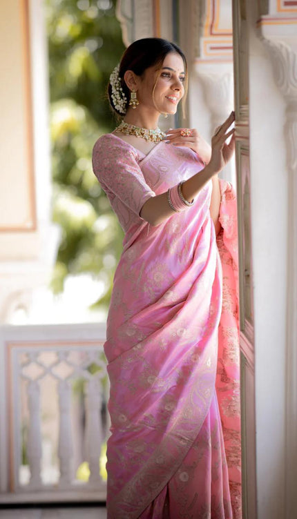 Hema Onion Pink Banarasi Silk Saree WIth Fabulouse Blouse Piece
