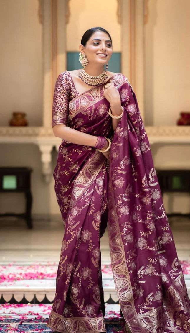 Hema Wine Banarasi Silk Saree WIth Fabulouse Blouse Piece