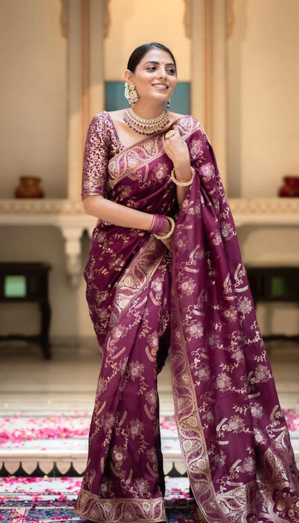 Hema Wine Banarasi Silk Saree WIth Fabulouse Blouse Piece