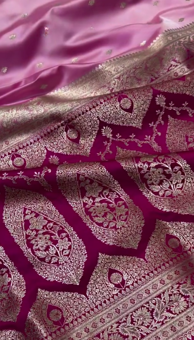 Tanirika - Pink Mashru Silk Saree with Golden Zari Butta & Royal Woven Pallu