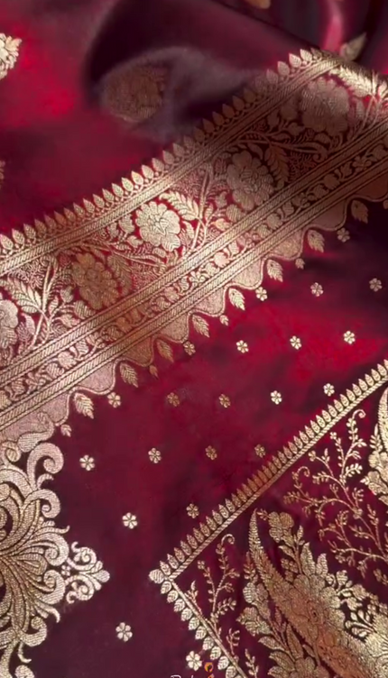 Royal Wine Red Banarasi Silk Saree with Zari Weaving & Pearl Border