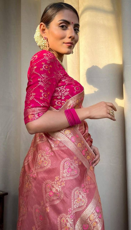 Tisha Pestal Pink Soft Banarasi Saree With Attached Blouse