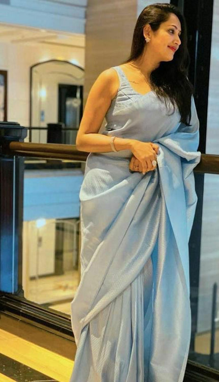 Ladies Sky Blue Color Soft Lichi Silk Saree