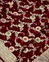 Kusum – Maroon Banarasi Silk Saree with Multi-Coloured Zari Floral Weaving