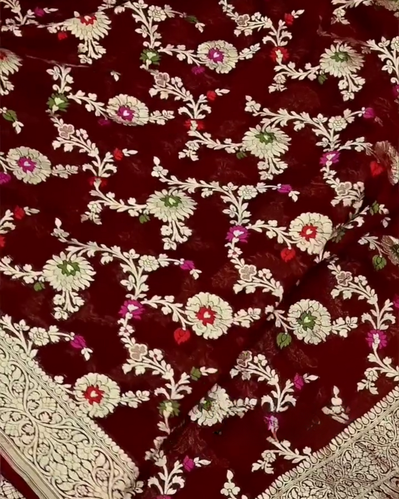 Kusum – Maroon Banarasi Silk Saree with Multi-Coloured Zari Floral Weaving