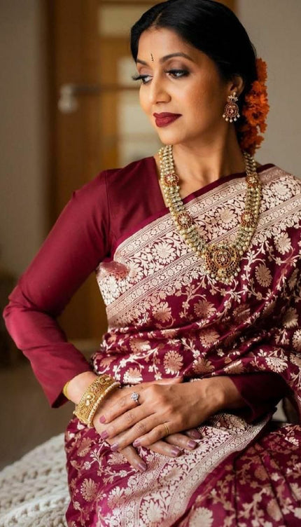 Wine Banarasi Silk Saree