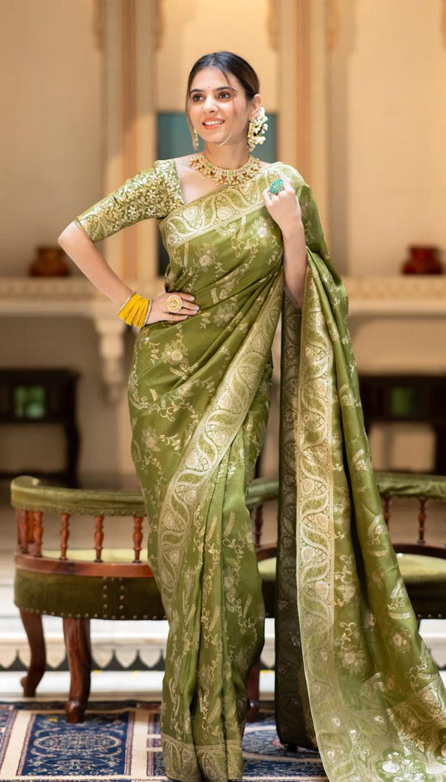 Hema Mahendi Banarasi Silk Saree WIth Fabulouse Blouse Piece