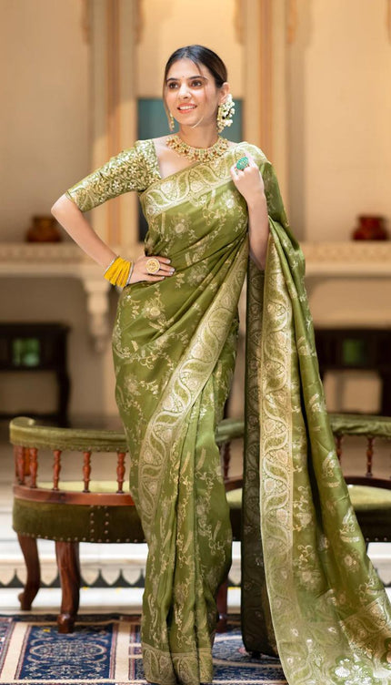 Hema Mahendi Banarasi Silk Saree WIth Fabulouse Blouse Piece