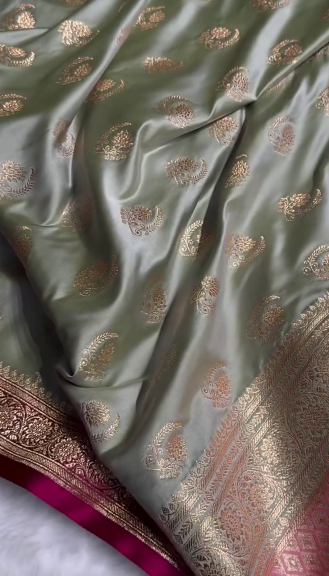 Charulata - Green Katan Silk Saree with Zari Boota and Pink Border
