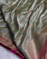 Charulata - Green Katan Silk Saree with Zari Boota and Pink Border