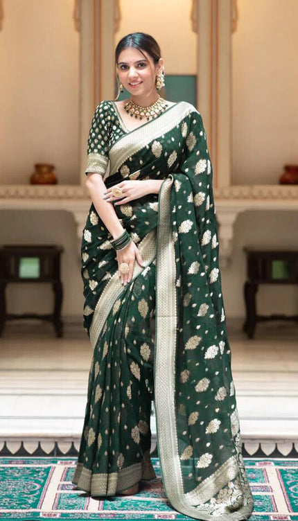 Green Banarasi Soft Silk Saree