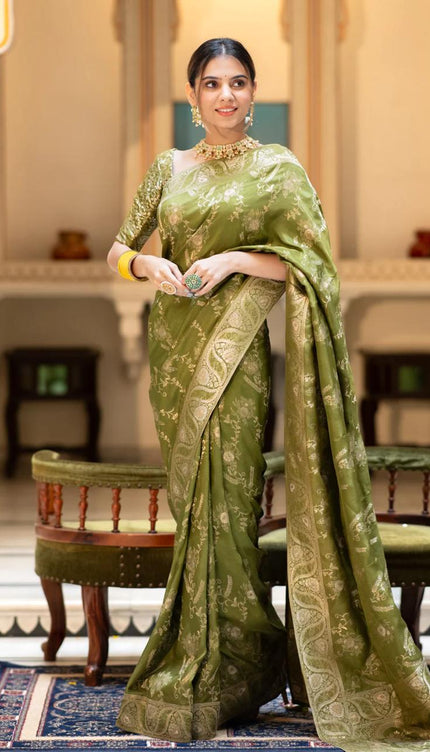 Hema Mahendi Banarasi Silk Saree WIth Fabulouse Blouse Piece