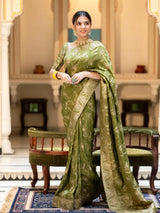 Hema Mahendi Banarasi Silk Saree WIth Fabulouse Blouse Piece