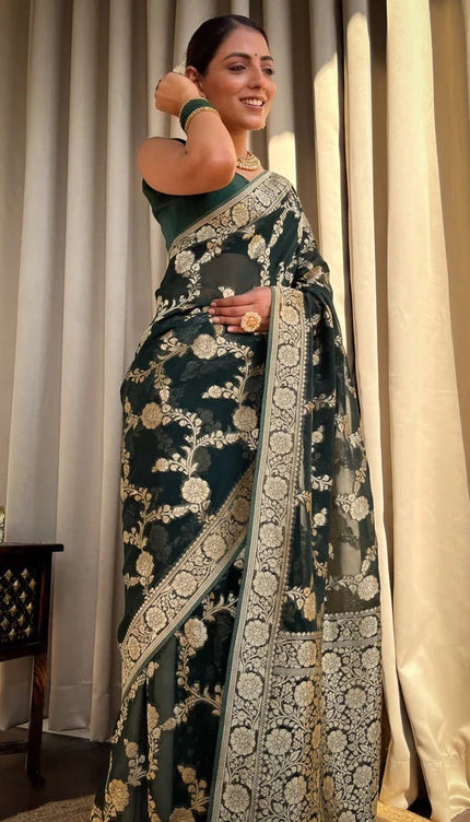 Laita Green Banarasi Silk Saree