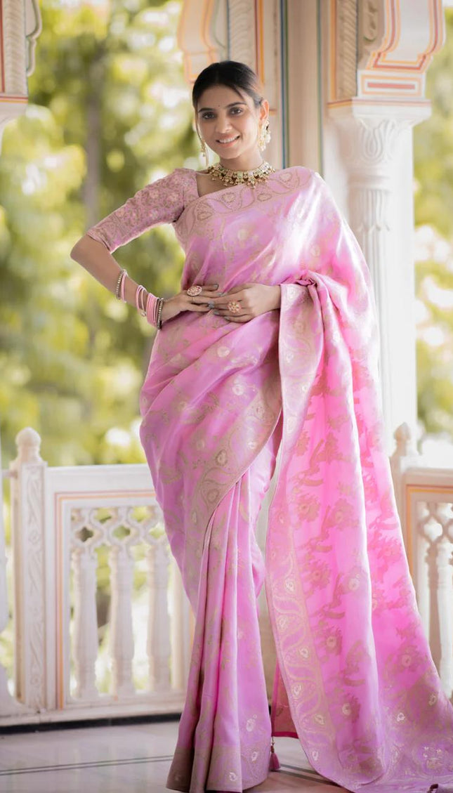 Hema Onion Pink Banarasi Silk Saree WIth Fabulouse Blouse Piece