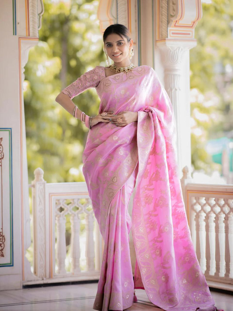 Hema Onion Pink Banarasi Silk Saree WIth Fabulouse Blouse Piece