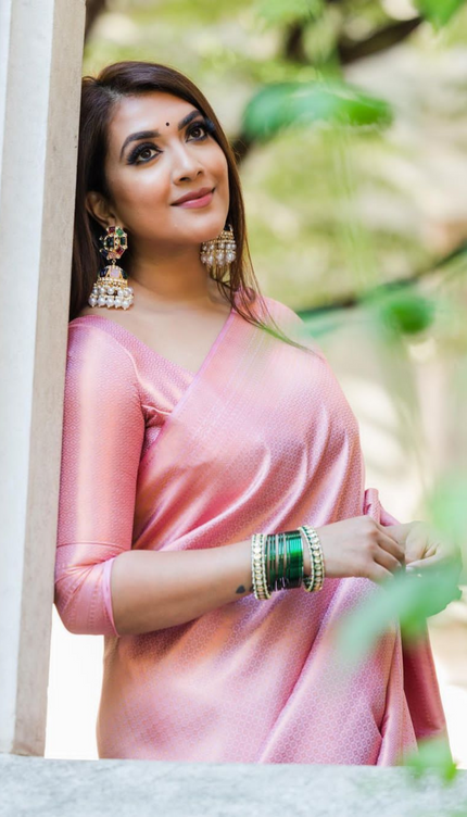 Bindu Peach Litchi Silk Saree With Attached Blouse