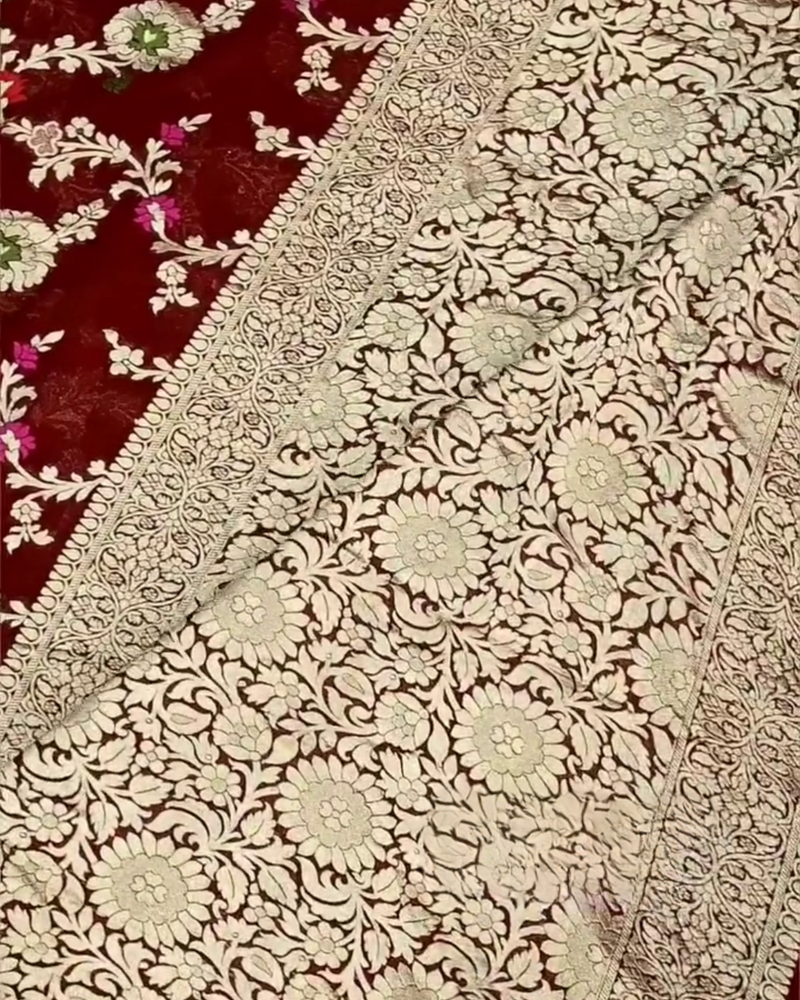 Kusum – Maroon Banarasi Silk Saree with Multi-Coloured Zari Floral Weaving