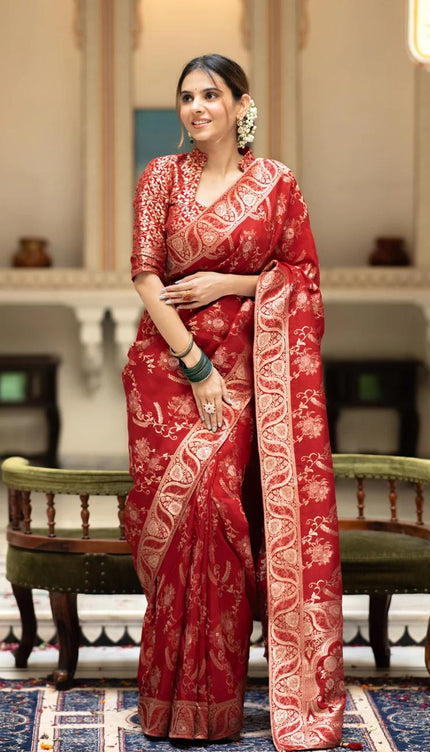 Hema Red Banarasi Silk Saree WIth Fabulouse Blouse Piece