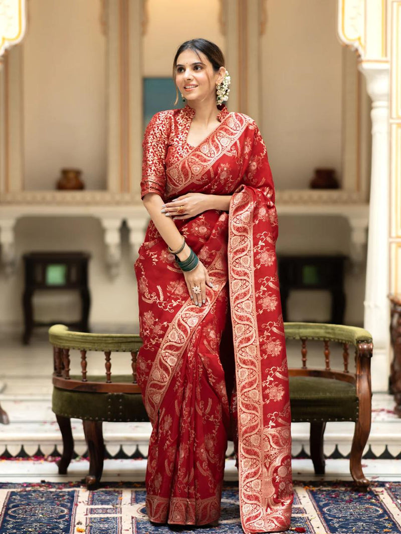 Hema Red Banarasi Silk Saree WIth Fabulouse Blouse Piece