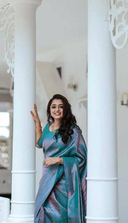 Sizzling Firozi Soft Silk Saree