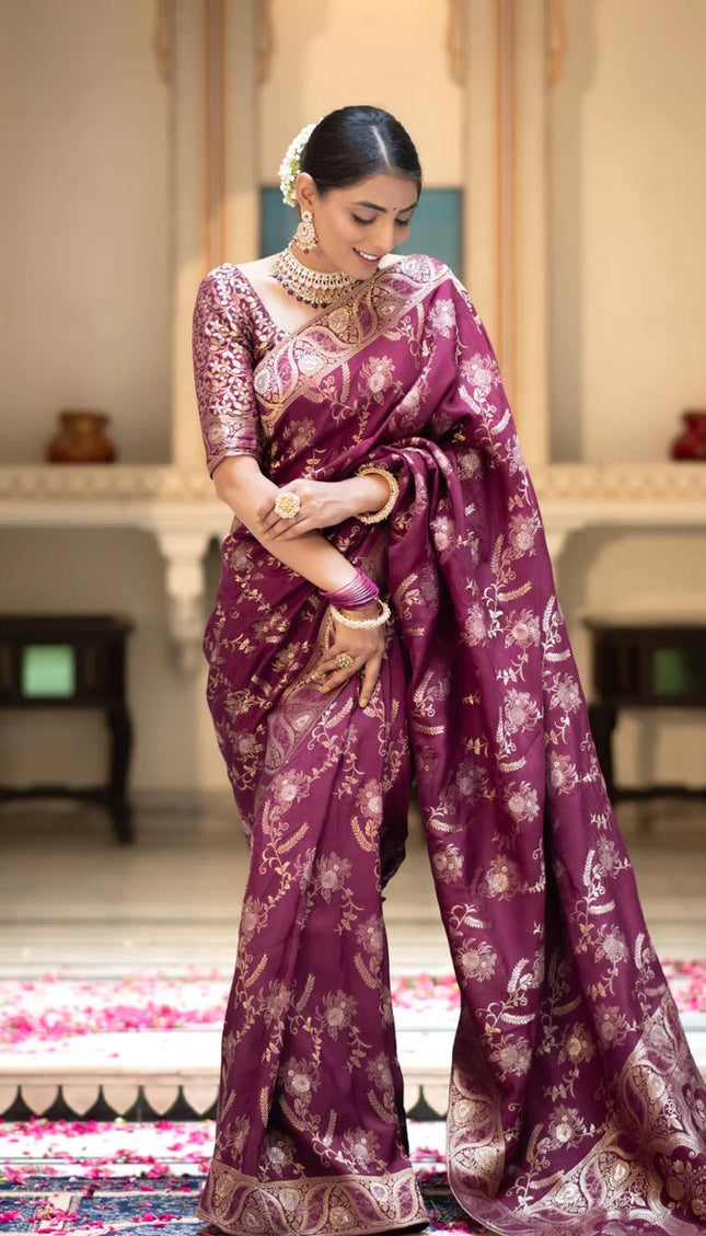 Hema Wine Banarasi Silk Saree WIth Fabulouse Blouse Piece