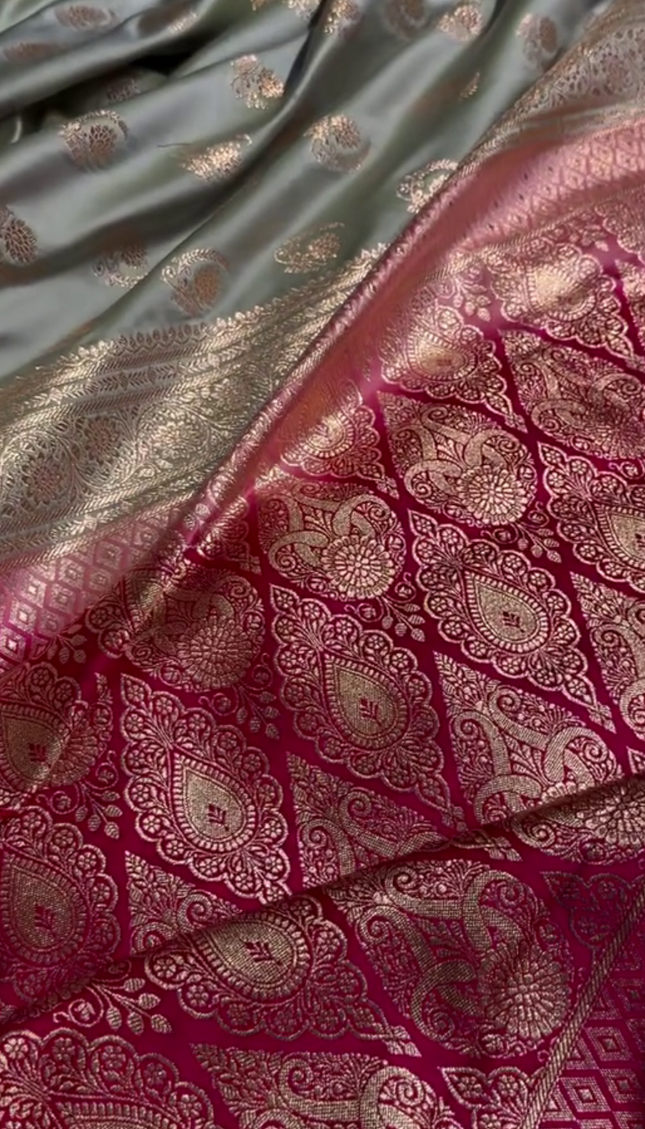 Charulata - Green Katan Silk Saree with Zari Boota and Pink Border